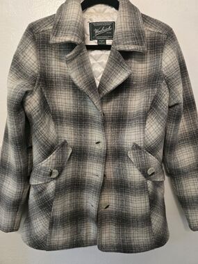 Woolrich Women's Gray Plaid Pea Coat with Quilted Lining